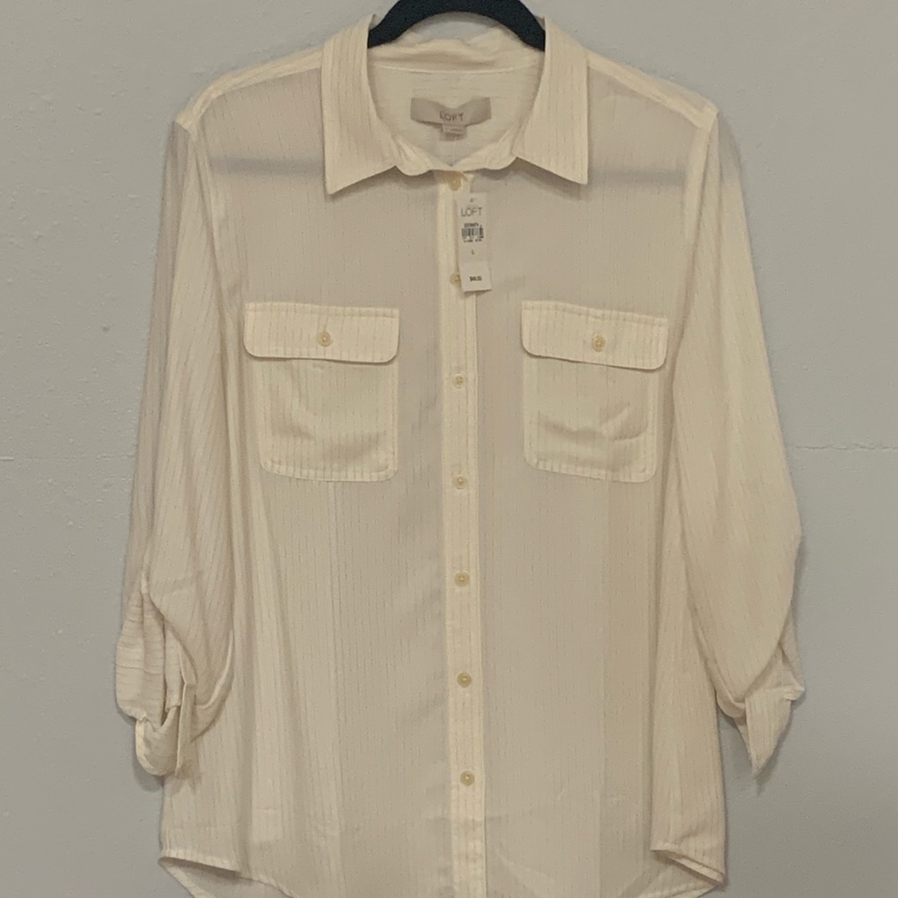 LOFT White & Cream Pin-Stripe Long Sleeve